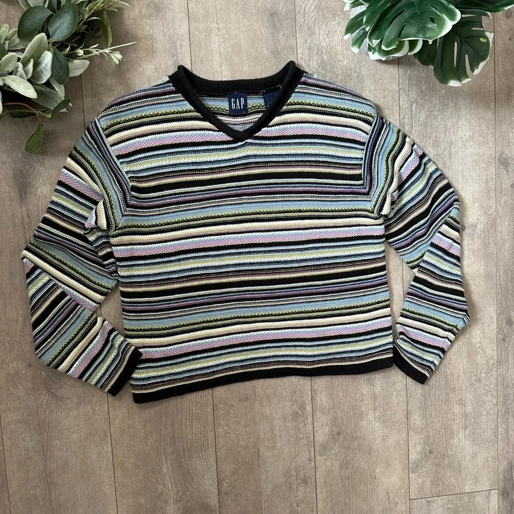 Vintage 90s GAP Girls Striped Heavy Cotton Sweater Size Medium